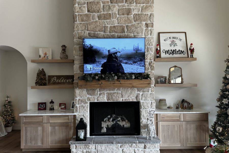 Quartzite counters on the sides of a brick fireplace